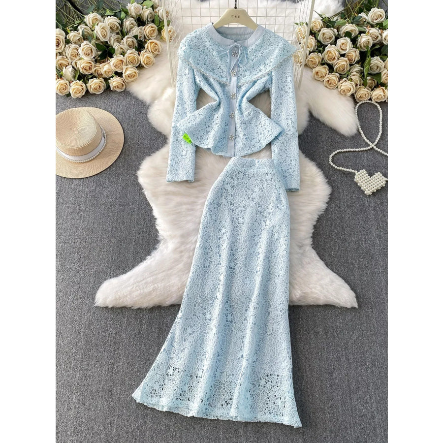 Lace Button Up Top and Skirt Set Light Blue / S Apparel and Accessories