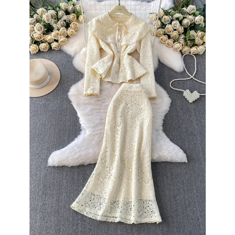 Lace Button Up Top and Skirt Set Pastel Yellow / S Apparel and Accessories