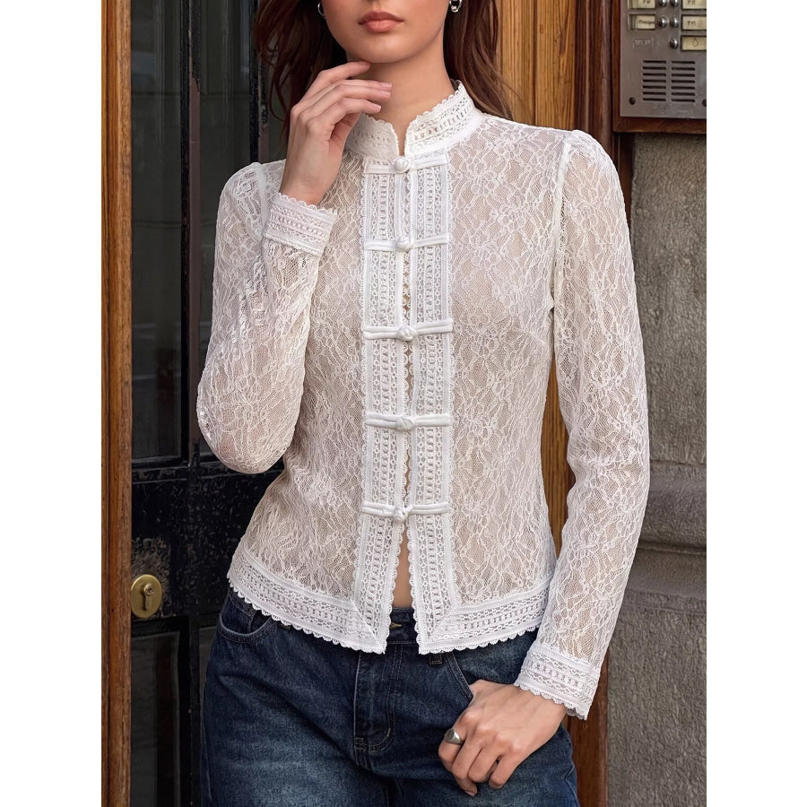 Lace Chinese Style Button Shirt White / S Apparel and Accessories
