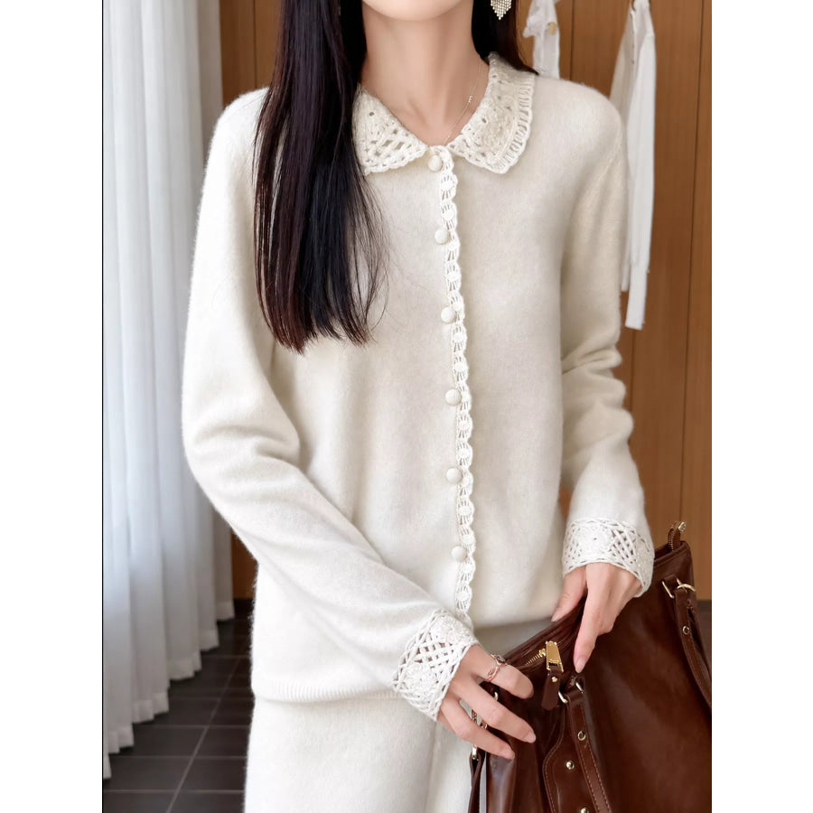 Lace-Collar Button Down Knit Cardigan Apparel and Accessories