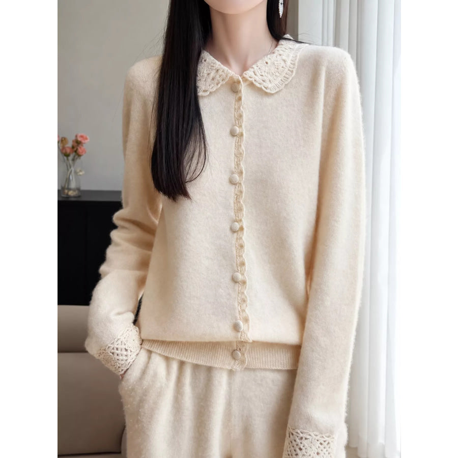 Lace-Collar Button Down Knit Cardigan Apparel and Accessories