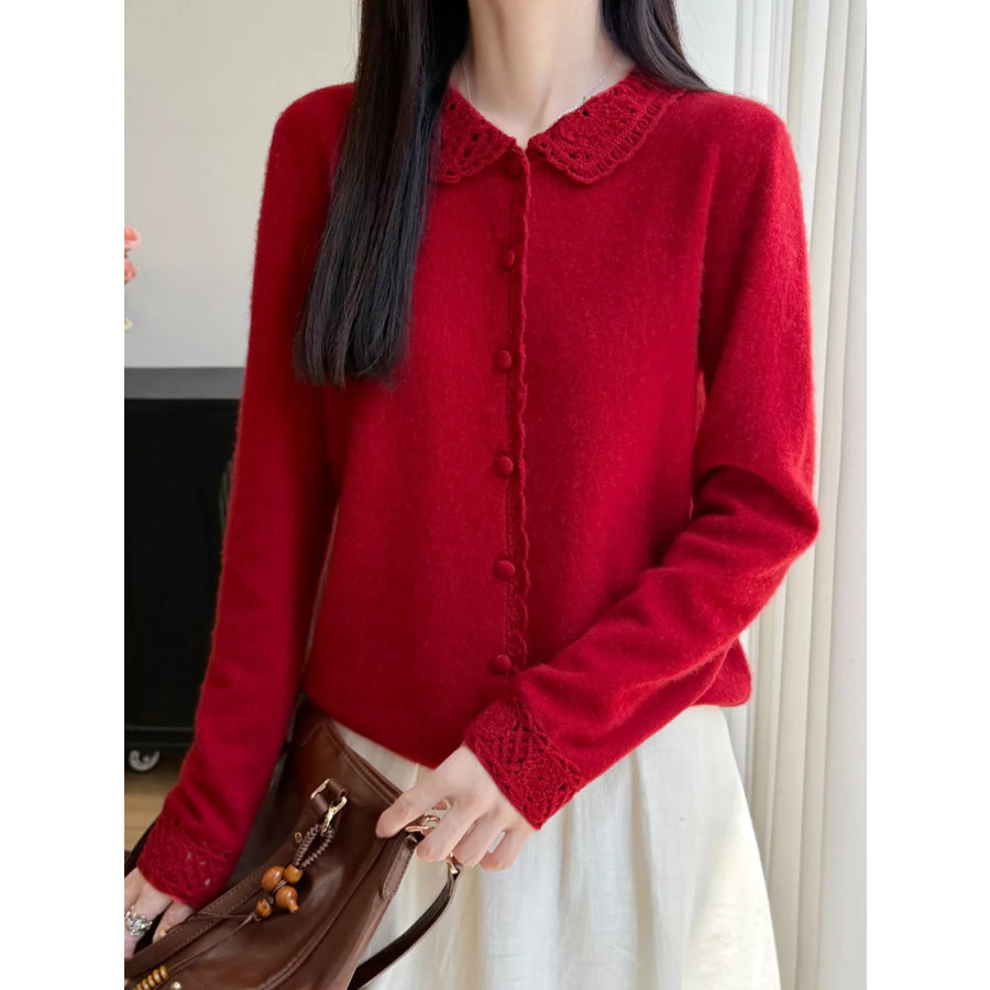 Lace-Collar Button Down Knit Cardigan Apparel and Accessories