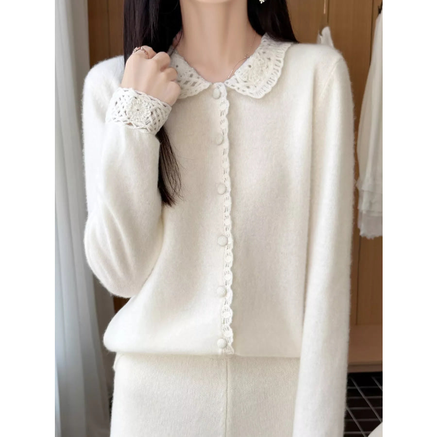 Lace-Collar Button Down Knit Cardigan Apparel and Accessories