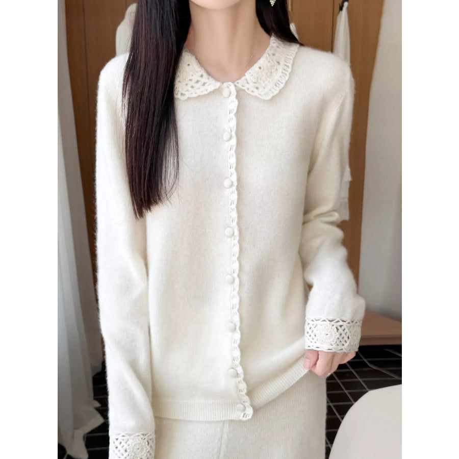 Lace-Collar Button Down Knit Cardigan Apparel and Accessories