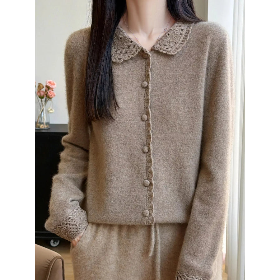 Lace-Collar Button Down Knit Cardigan Camel / M Apparel and Accessories