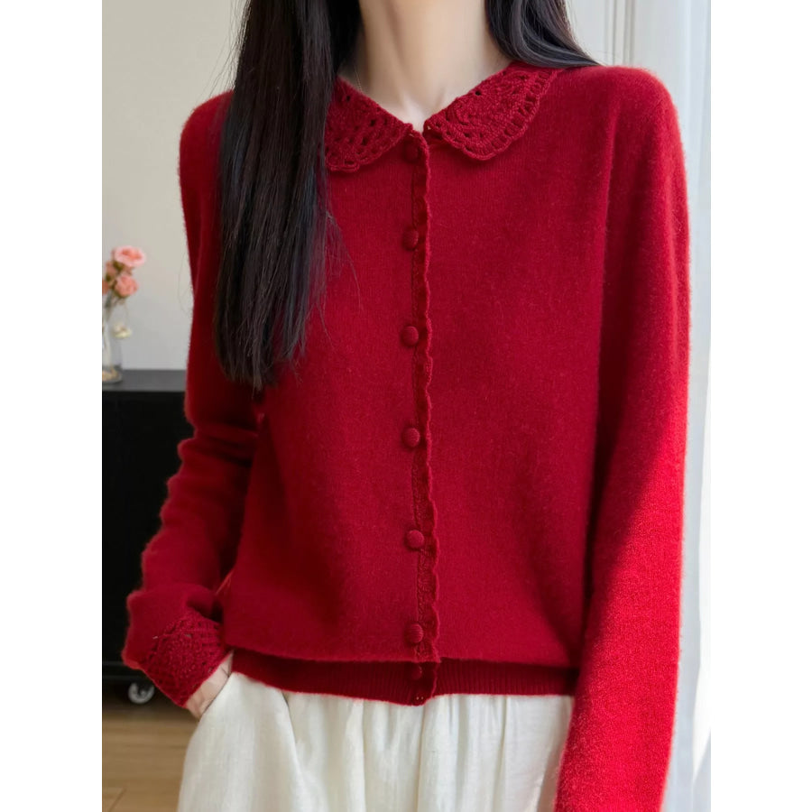 Lace-Collar Button Down Knit Cardigan Cherry Red / M Apparel and Accessories