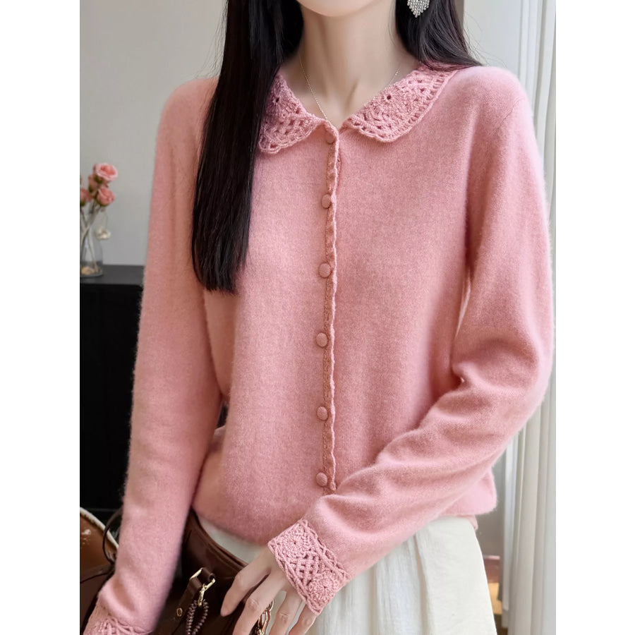 Lace-Collar Button Down Knit Cardigan Pink / M Apparel and Accessories
