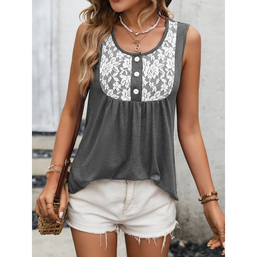 Lace Contrast Scoop Neck Tank Dark Gray / S