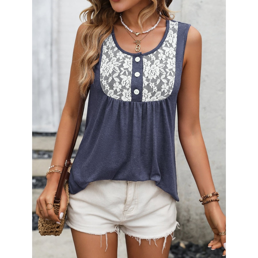 Lace Contrast Scoop Neck Tank Dusty Blue / S