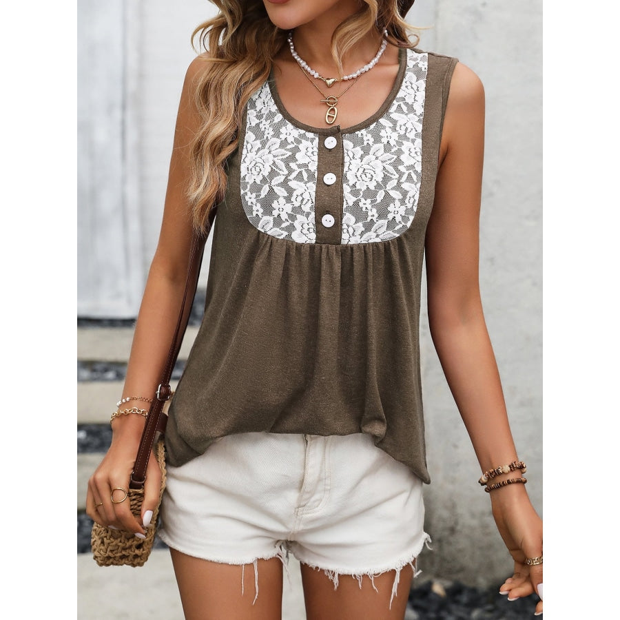 Lace Contrast Scoop Neck Tank Mocha / S