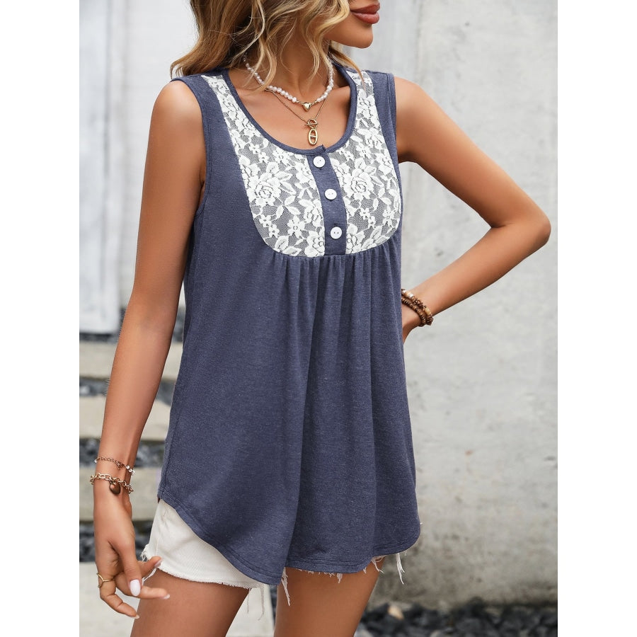 Lace Contrast Scoop Neck Tank