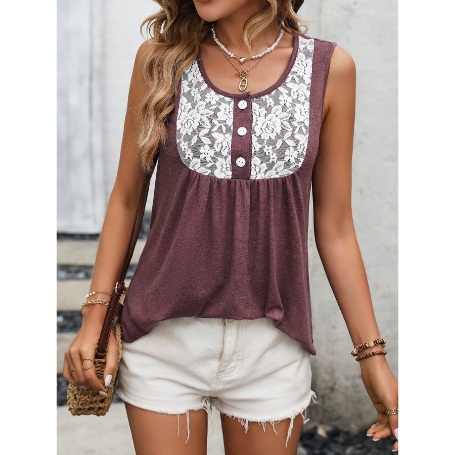 Lace Contrast Scoop Neck Tank Wine / S