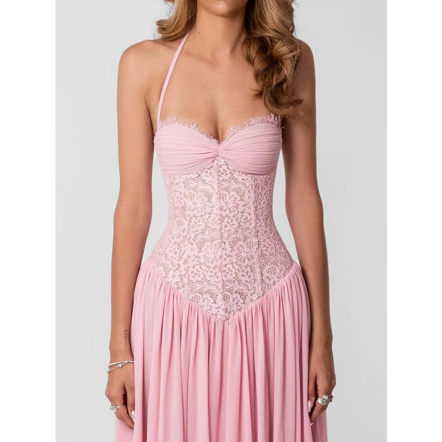 Lace Corset Halter Neck Maxi Dress Pink / S Apparel and Accessories