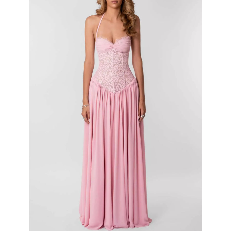 Lace Corset Halter Neck Maxi Dress Pink / S Apparel and Accessories