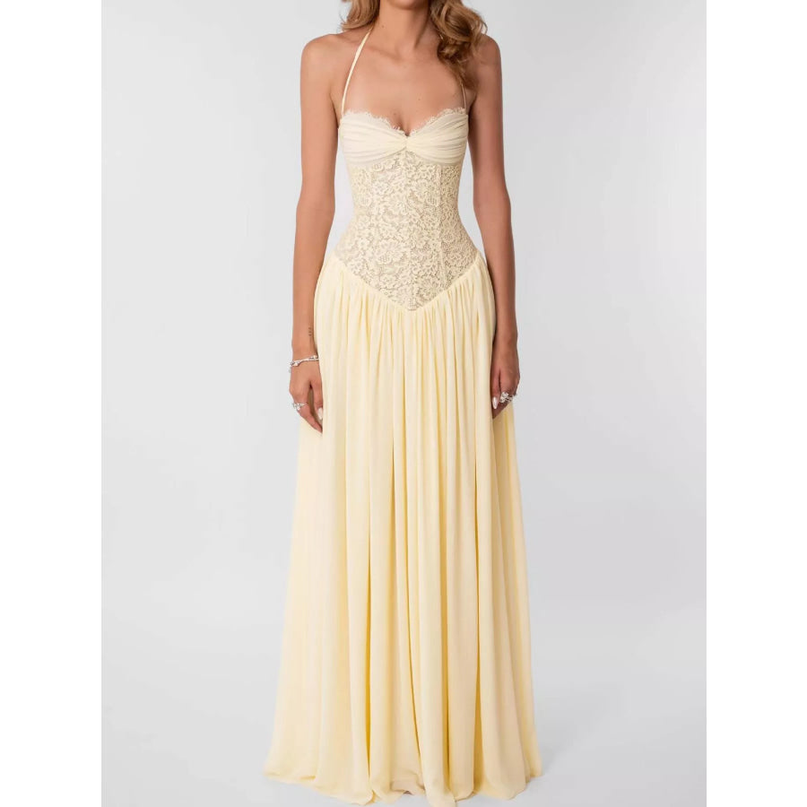 Lace Corset Halter Neck Maxi Dress Yellow / S Apparel and Accessories