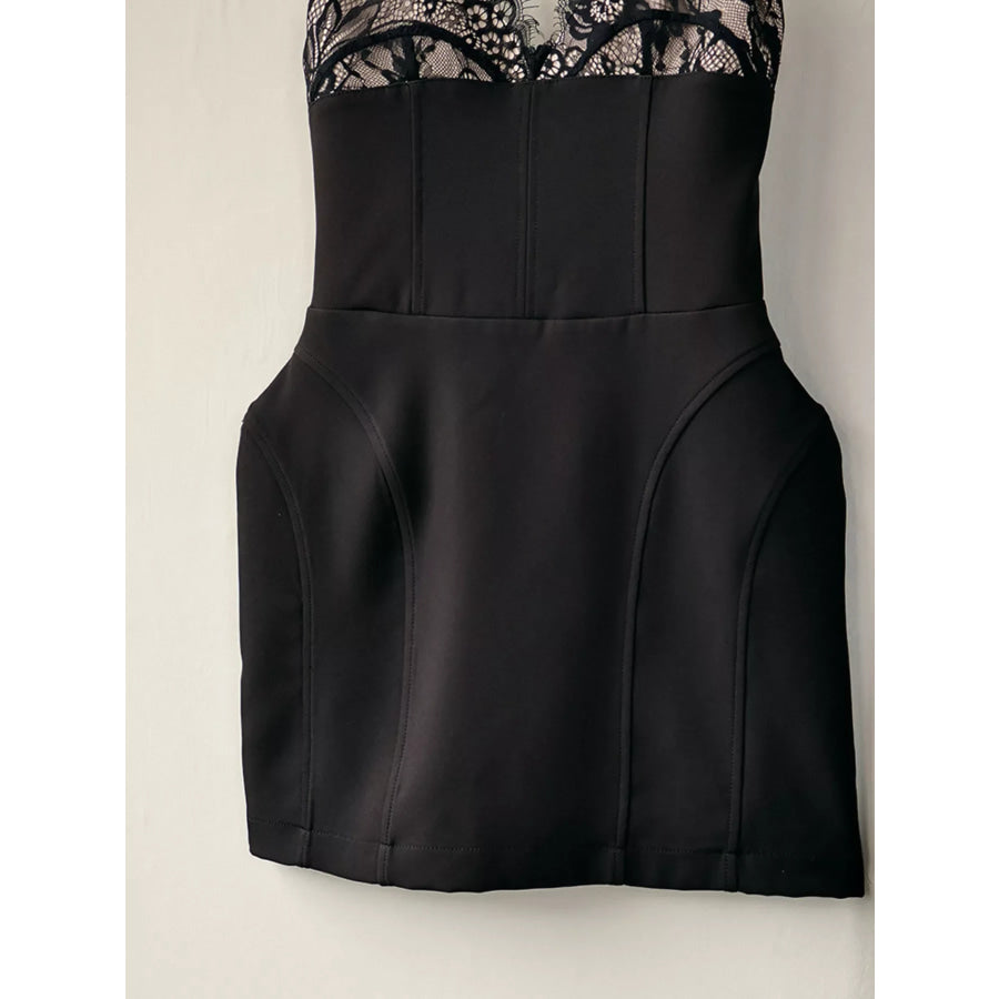 Lace Corset Mini Dress Set with Sheer Overlay Apparel and Accessories