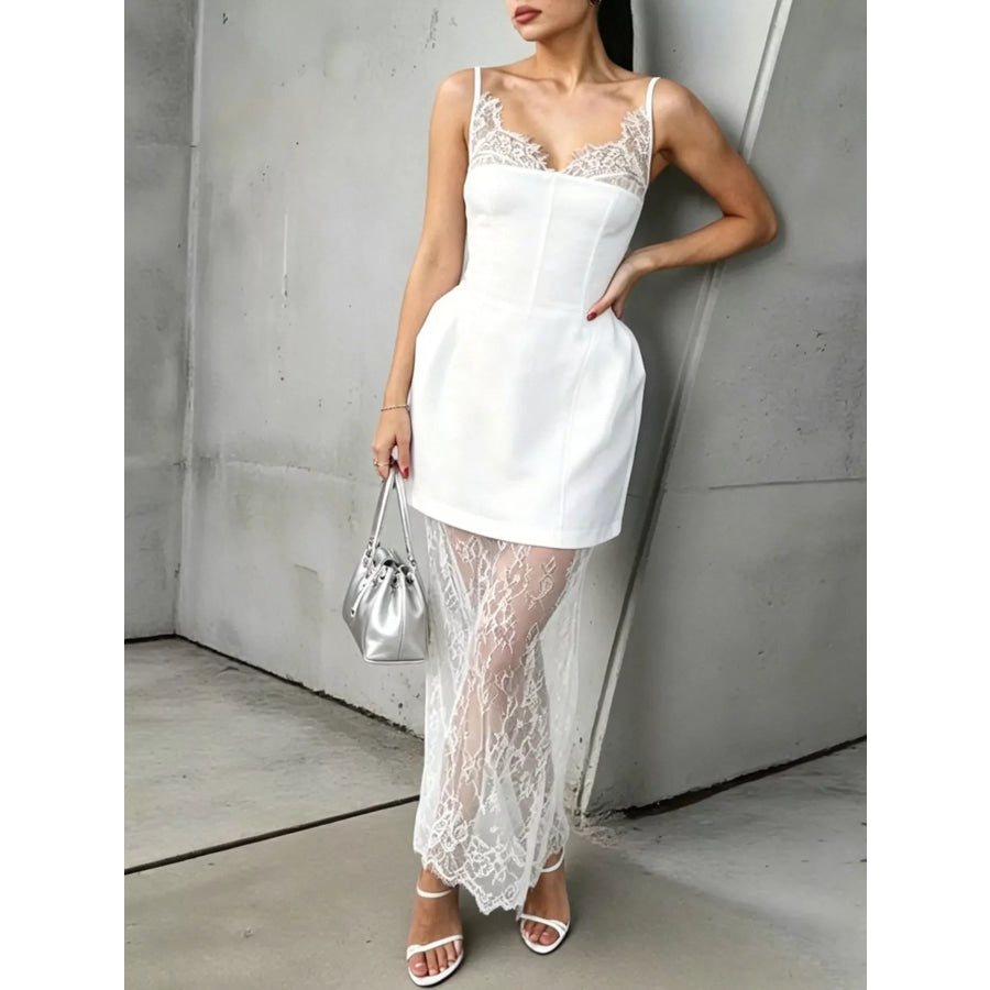 Lace Corset Mini Dress Set with Sheer Overlay Apparel and Accessories