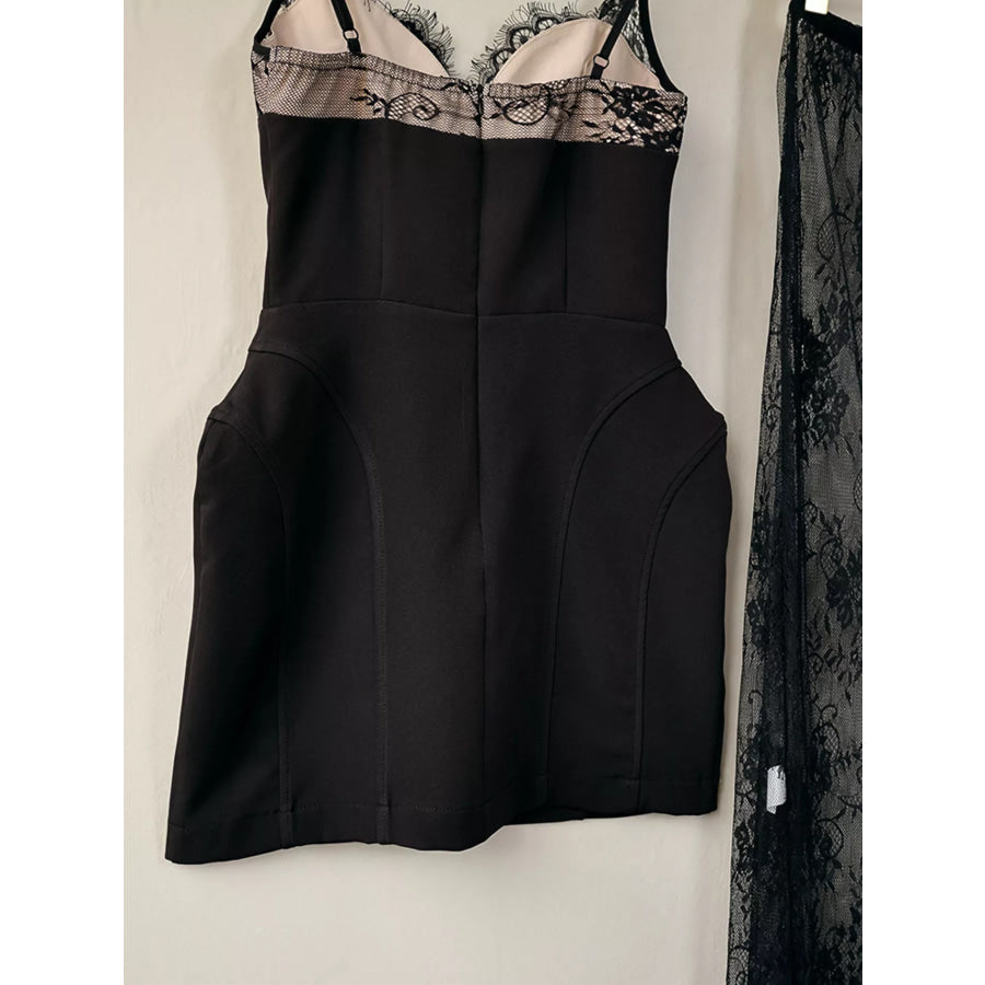 Lace Corset Mini Dress Set with Sheer Overlay Apparel and Accessories