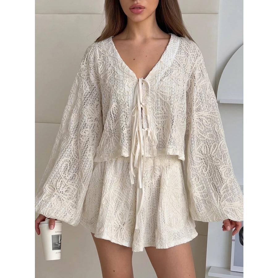 Lace Crochet Tie Front Top and Shorts Two-Piece Lounge Set Apparel and Accessories