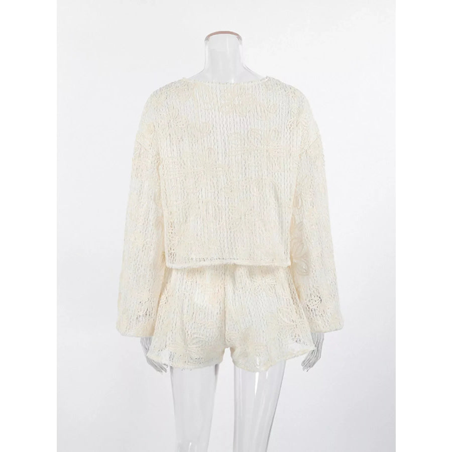 Lace Crochet Tie Front Top and Shorts Two-Piece Lounge Set Apparel and Accessories
