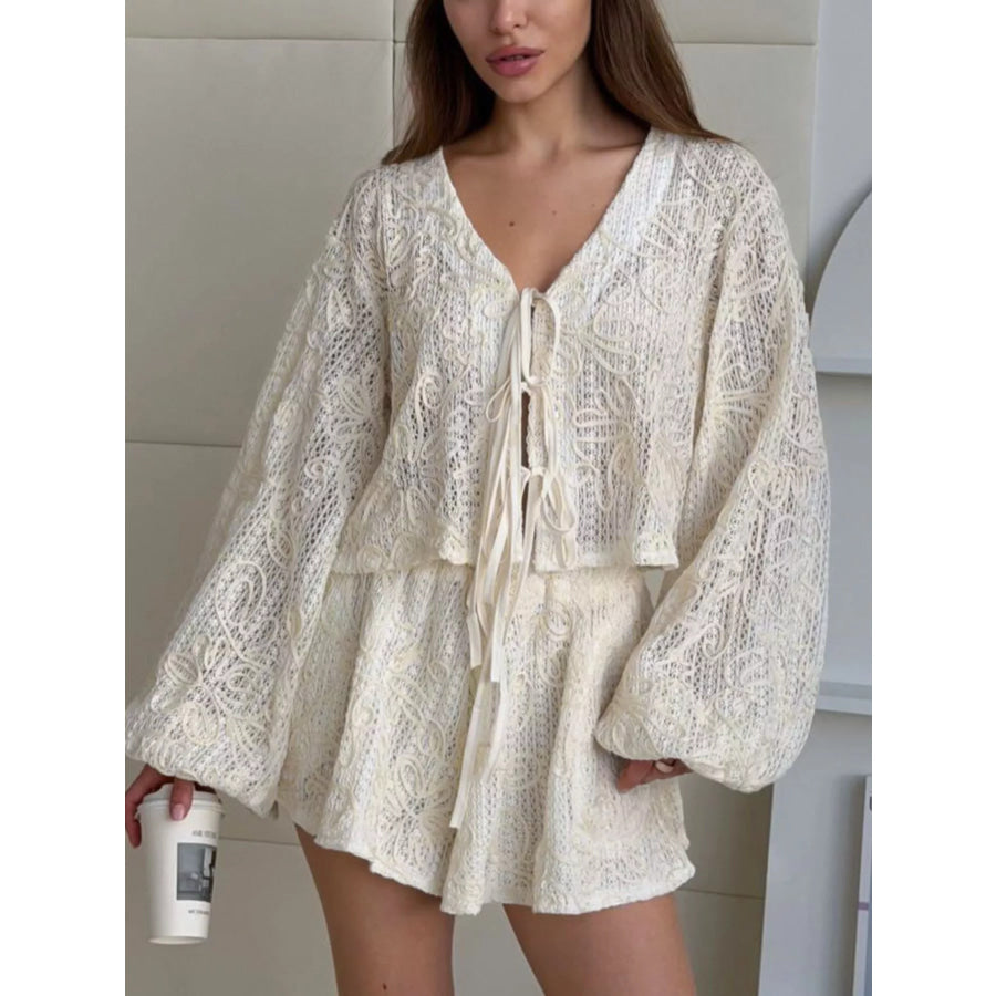 Lace Crochet Tie Front Top and Shorts Two-Piece Lounge Set Apparel and Accessories