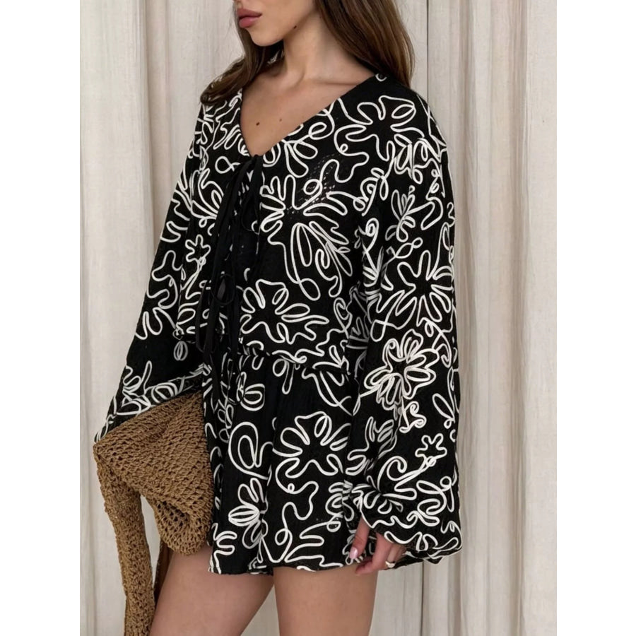 Lace Crochet Tie Front Top and Shorts Two-Piece Lounge Set Apparel and Accessories
