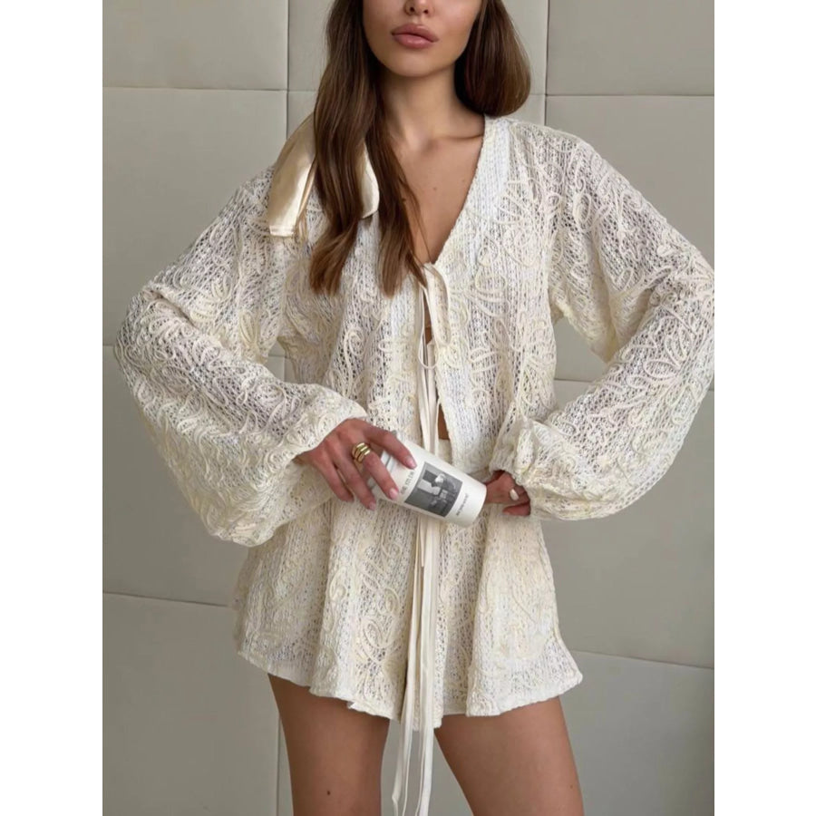 Lace Crochet Tie Front Top and Shorts Two-Piece Lounge Set Apparel and Accessories