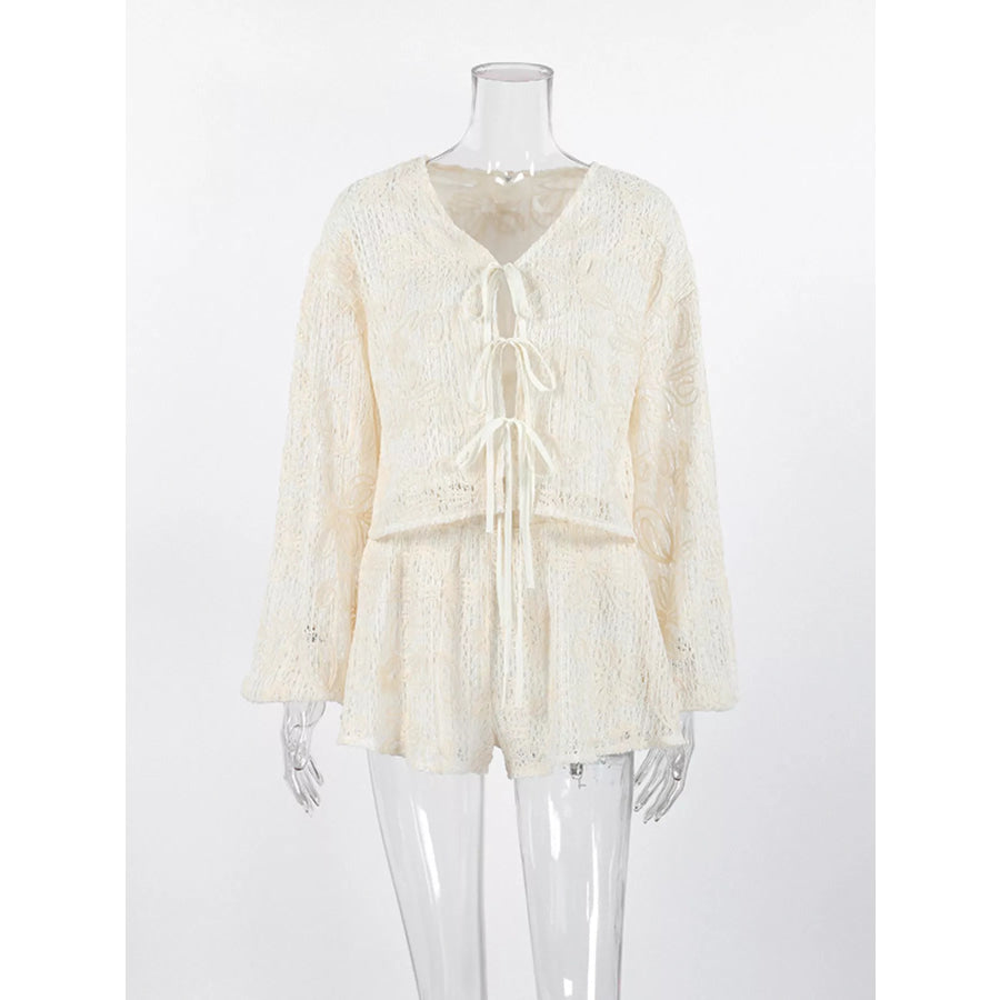 Lace Crochet Tie Front Top and Shorts Two-Piece Lounge Set Apparel and Accessories