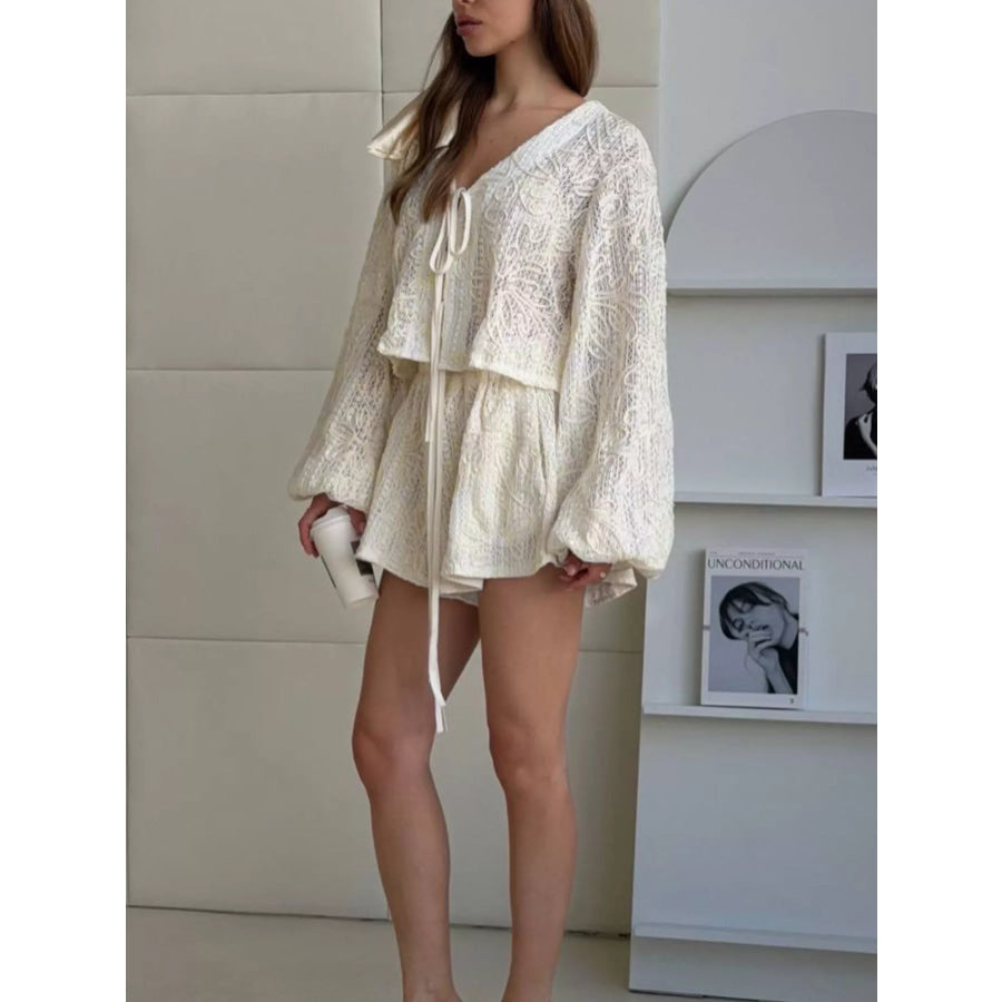 Lace Crochet Tie Front Top and Shorts Two-Piece Lounge Set Beige / S Apparel and Accessories