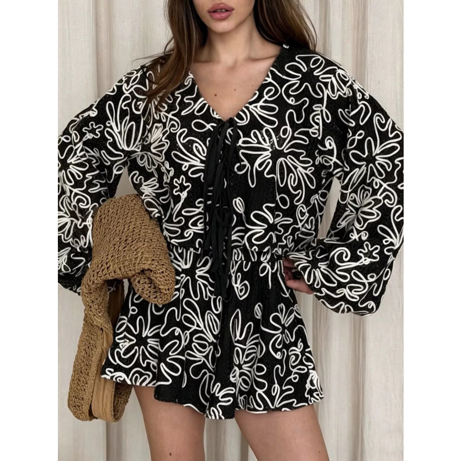 Lace Crochet Tie Front Top and Shorts Two-Piece Lounge Set Black / S Apparel and Accessories