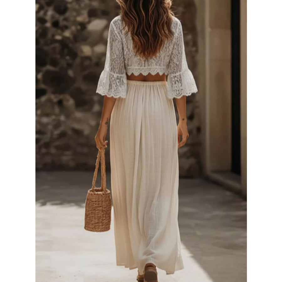 Lace Crop Top and Slit Maxi Skirt Set Apricot / S Apparel and Accessories