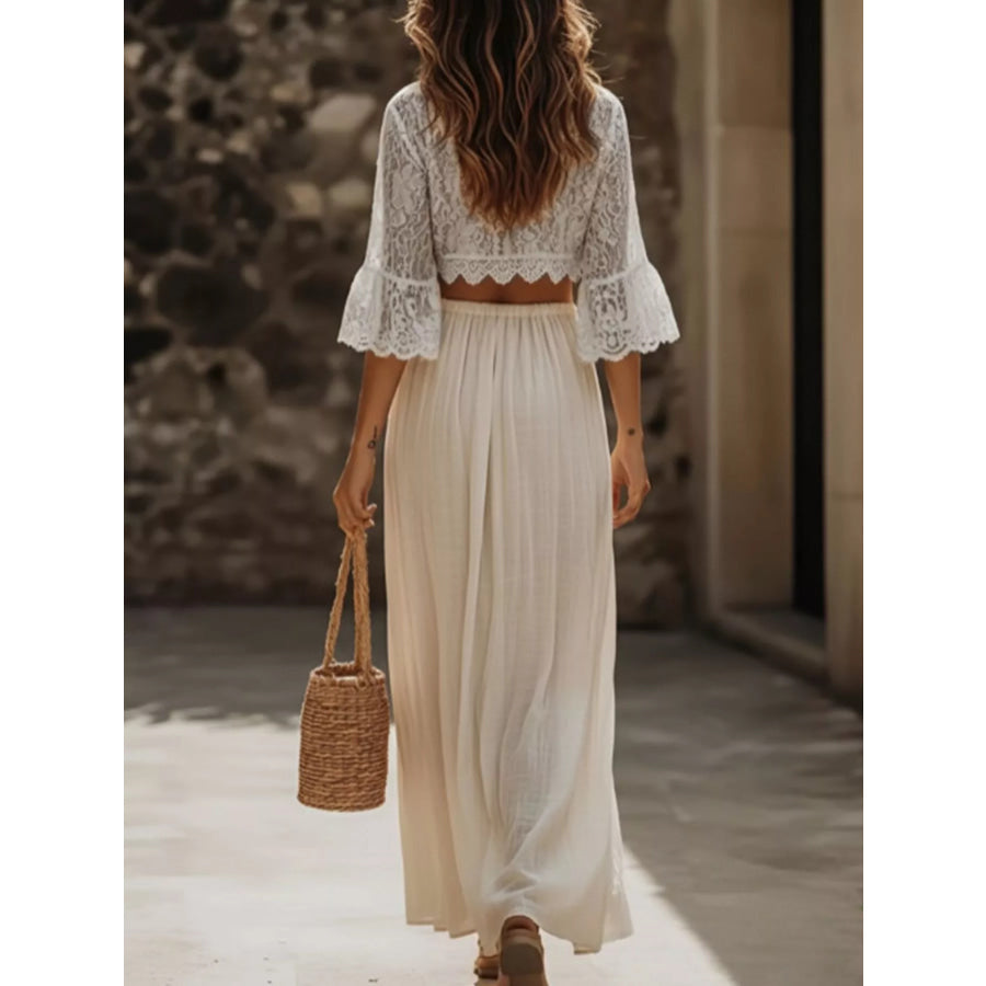 Lace Crop Top and Slit Maxi Skirt Set Apparel and Accessories