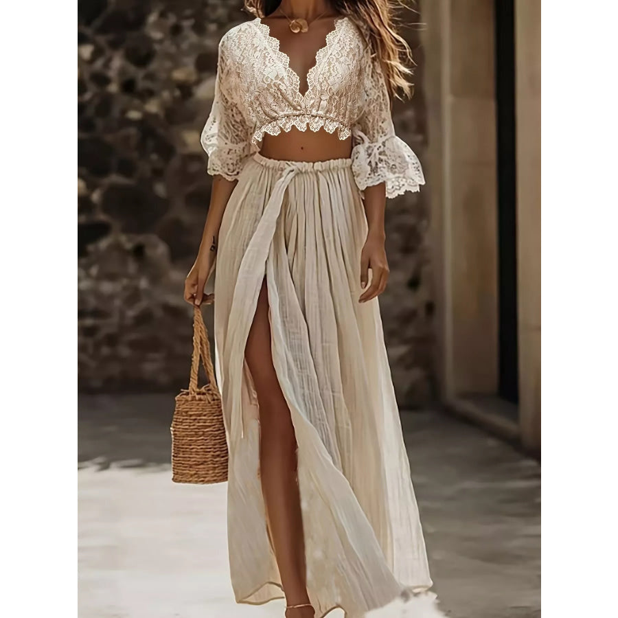 Lace Crop Top and Slit Maxi Skirt Set Apricot / S Apparel and Accessories