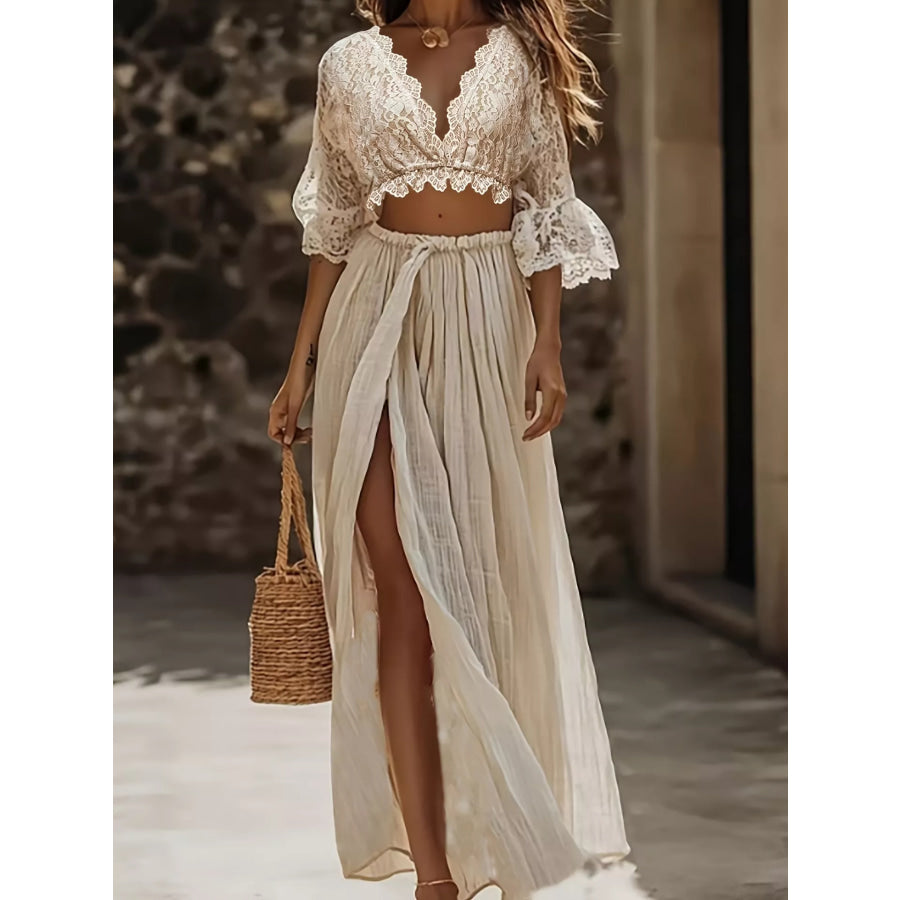 Lace Crop Top and Slit Maxi Skirt Set Apricot / S Apparel and Accessories