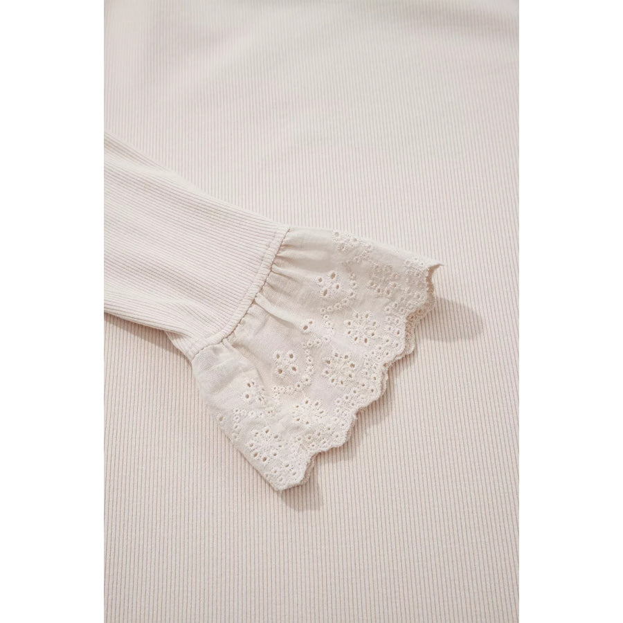 Lace Cuff Patchwork Round Neck Long Sleeve Top Apparel and Accessories