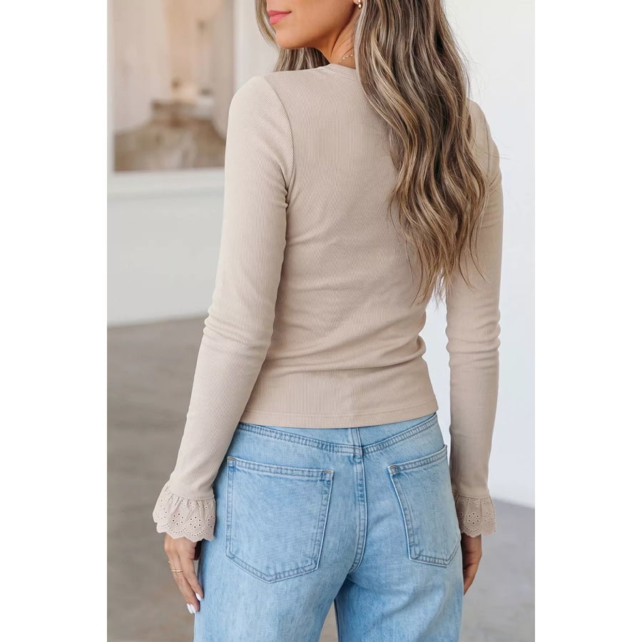 Lace Cuff Patchwork Round Neck Long Sleeve Top Apparel and Accessories