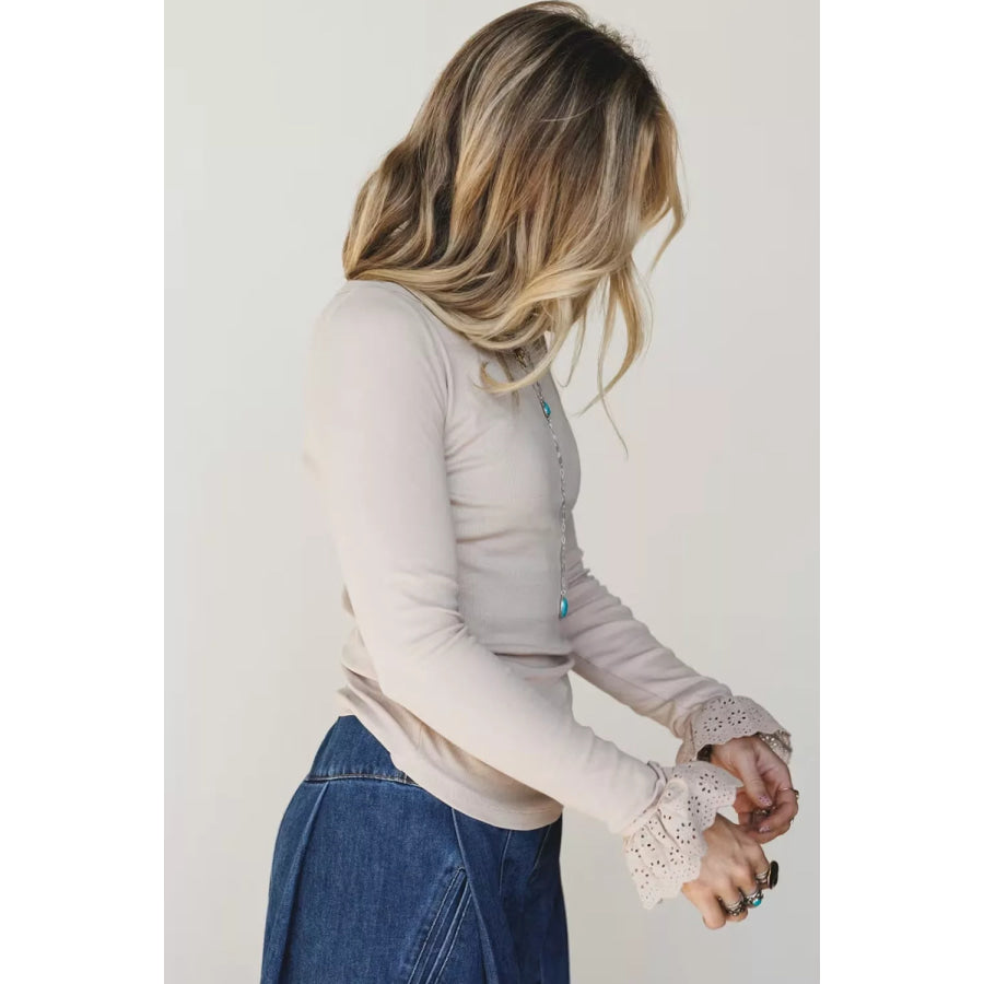 Lace Cuff Patchwork Round Neck Long Sleeve Top Apparel and Accessories