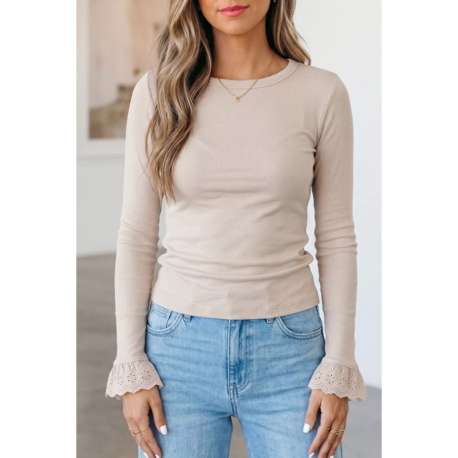 Lace Cuff Patchwork Round Neck Long Sleeve Top Beige / S Apparel and Accessories