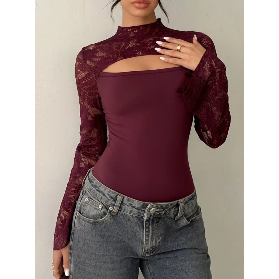 Lace Cut-out Flare Sleeve Bodysuit Apparel and Accessories