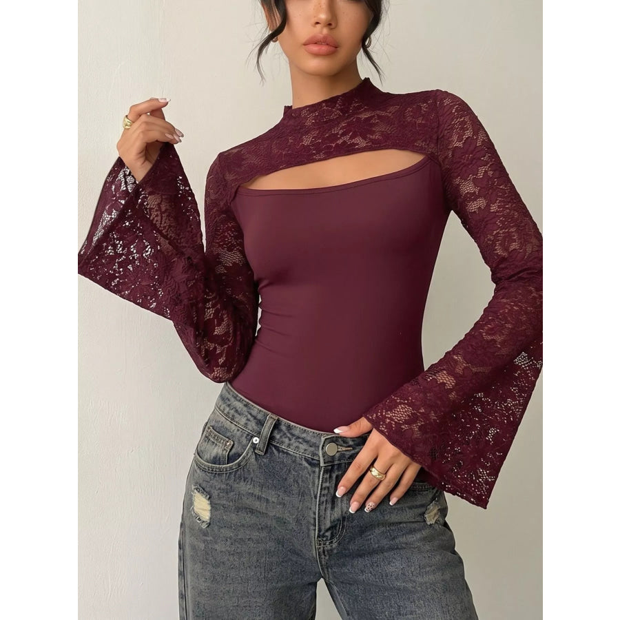 Lace Cut-out Flare Sleeve Bodysuit Burgundy / S Apparel and Accessories