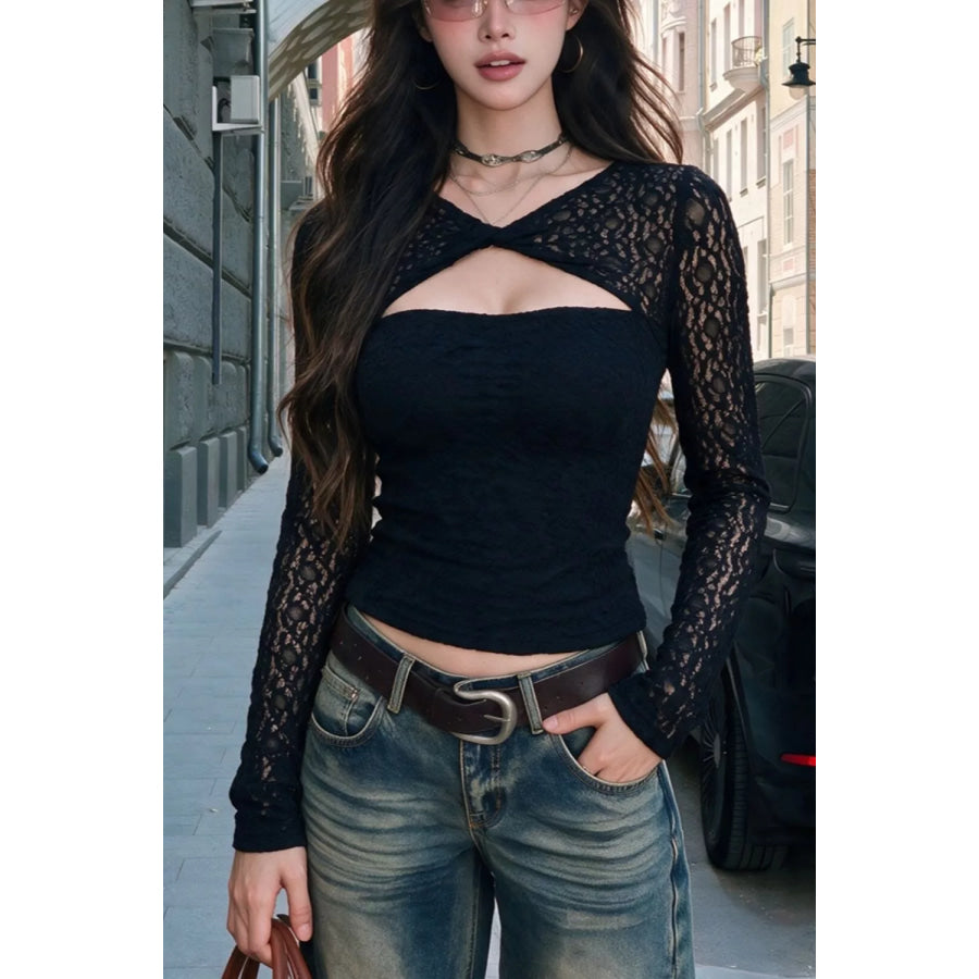 Lace Cut-Out Long Sleeve Top Apparel and Accessories