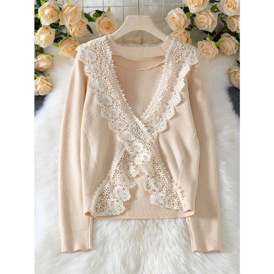 Lace Cutout Back Long Sleeve Sweater Apparel and Accessories