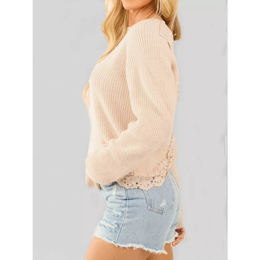 Lace Cutout Back Long Sleeve Sweater Apparel and Accessories