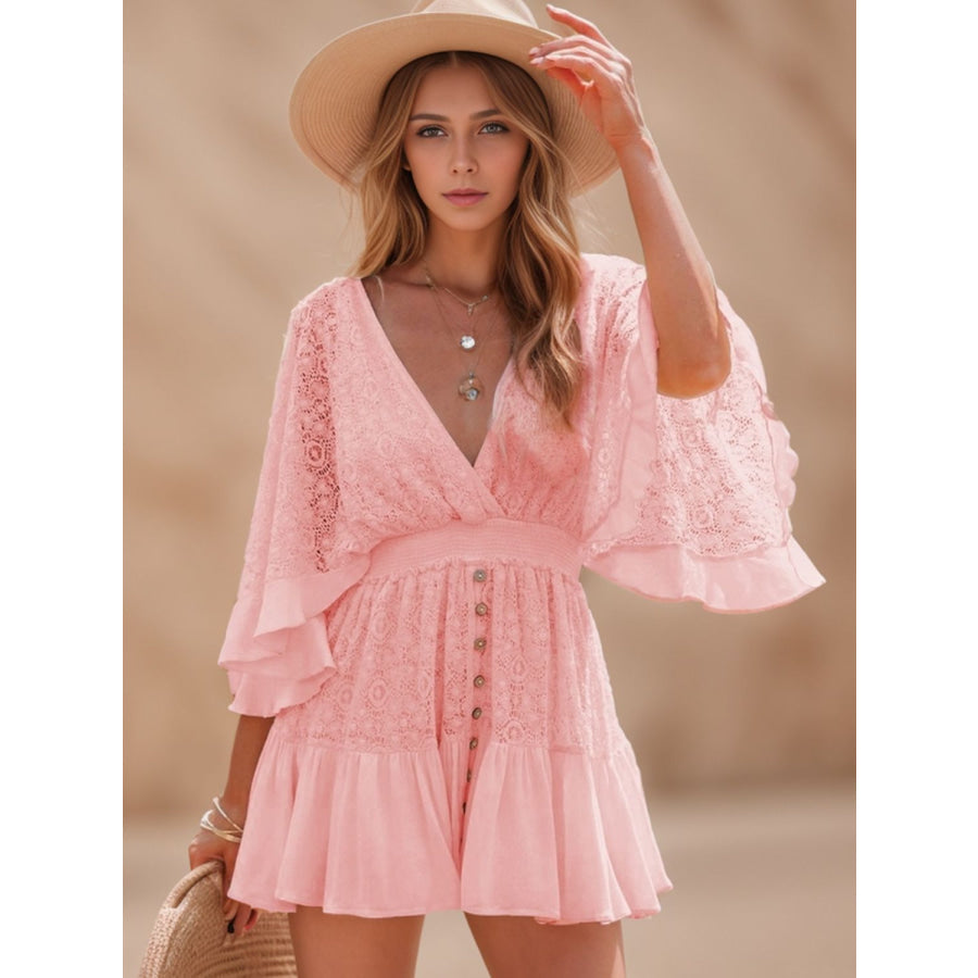 Lace Cutout Half Sleeve Mini Dress Blush Pink / S Apparel and Accessories