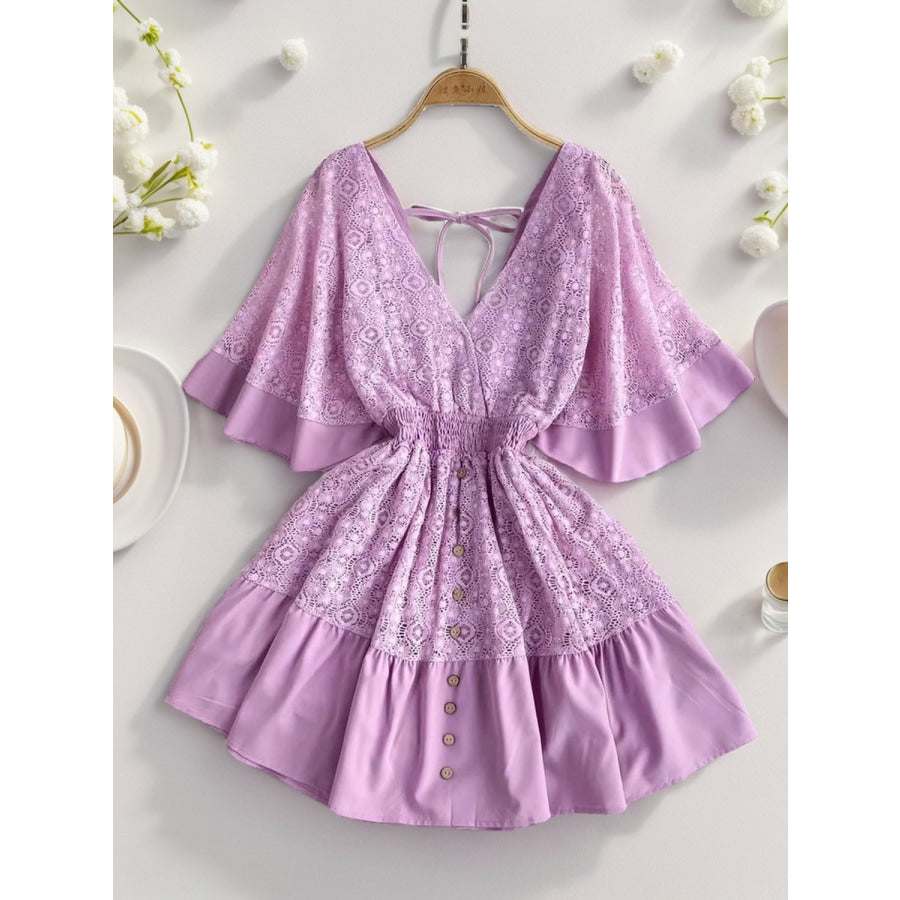 Lace Cutout Half Sleeve Mini Dress Lavender / S Apparel and Accessories