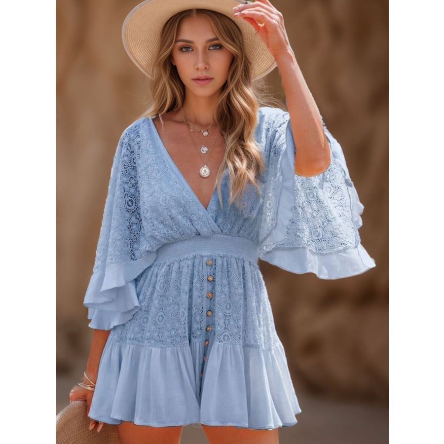 Lace Cutout Half Sleeve Mini Dress Misty Blue / S Apparel and Accessories