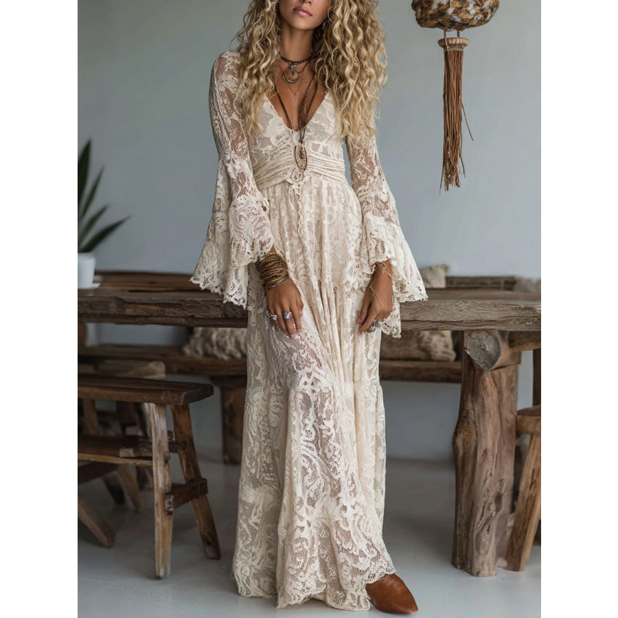 Lace Deep V-Neck Maxi Dress Apricot / XS Apparel and Accessories