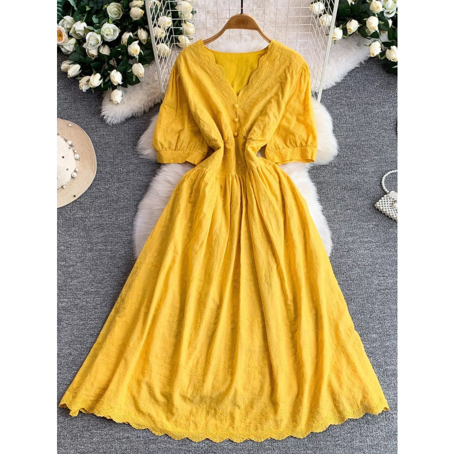 Lace Detail A-Line Midi Dress Yellow / One Size Apparel and Accessories