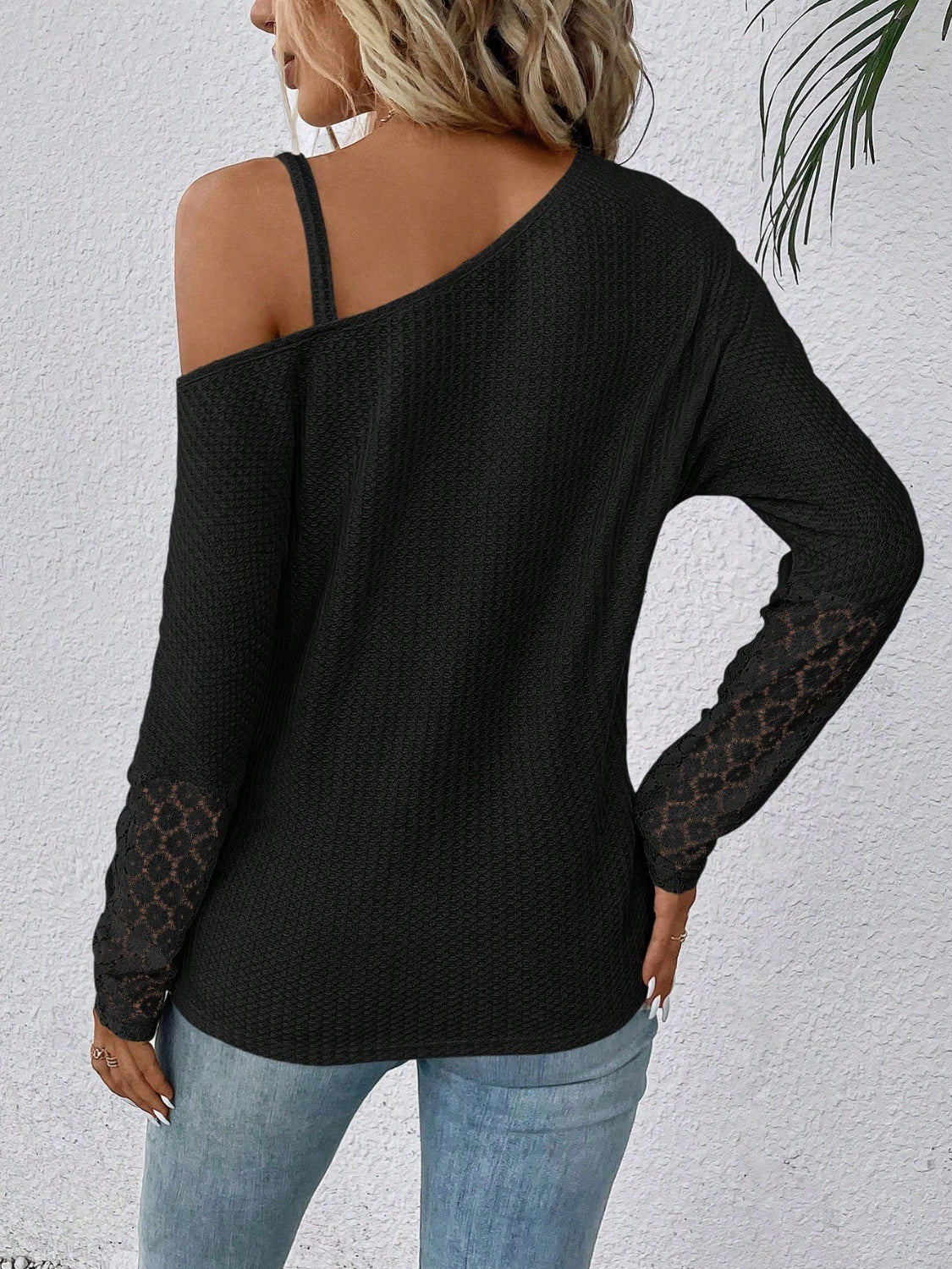 Lace Detail Asymmetrical Neck Long Sleeve T-Shirt Black / S Apparel and Accessories