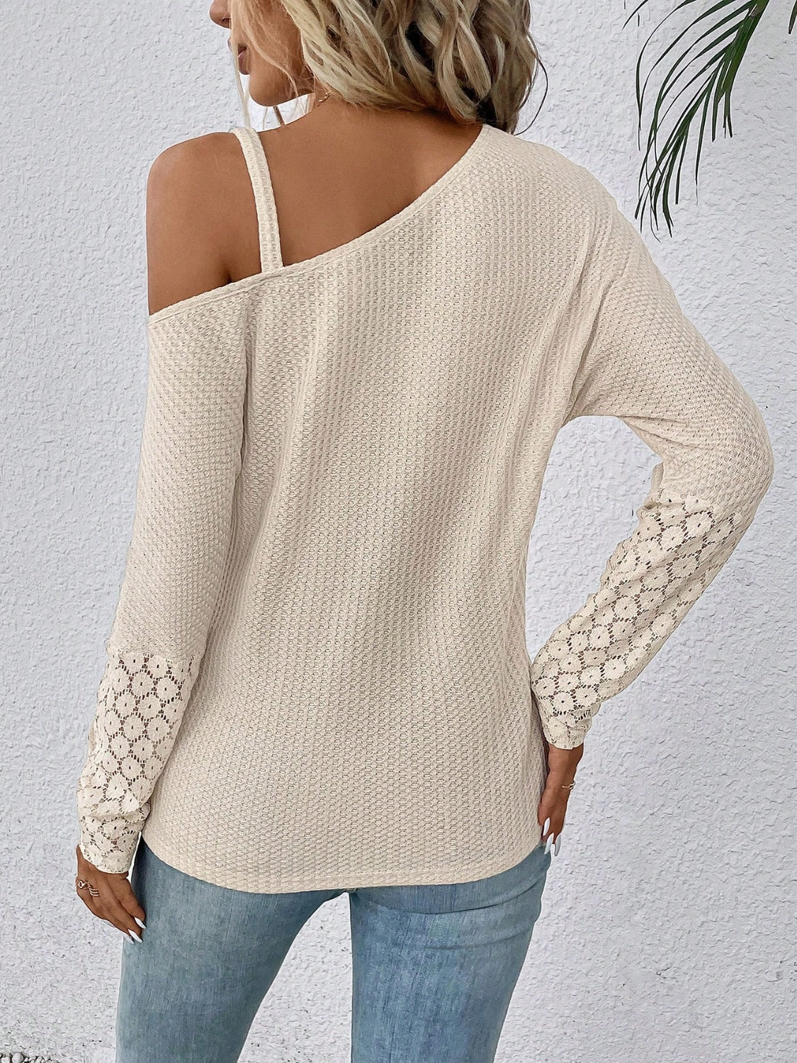 Lace Detail Asymmetrical Neck Long Sleeve T-Shirt Apparel and Accessories